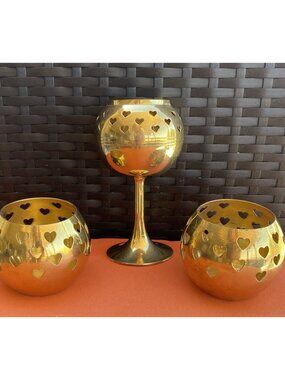 3 Vintage Brass Heart Cutout Votives 6” Height 2 3/4” Height
